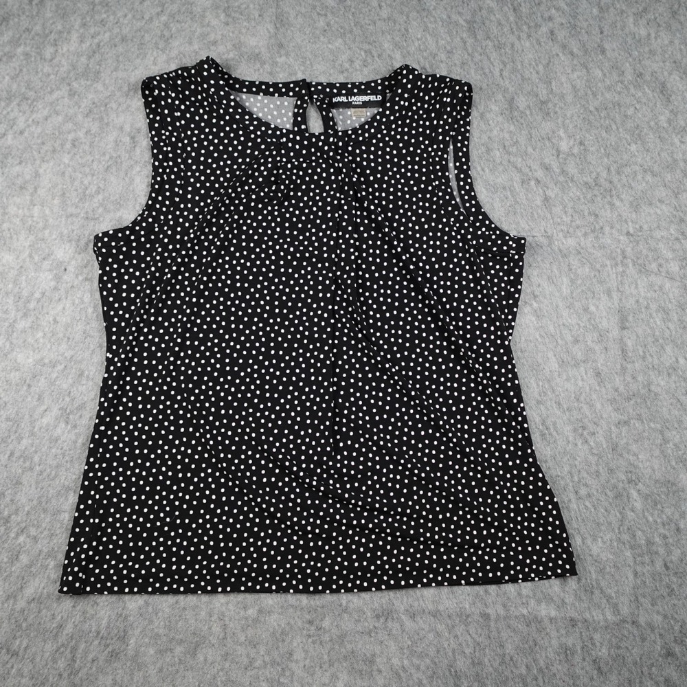 Karl Lagerfeld Top Women Extra Large Black Polka Dot Sleeveless Drape Neck Shell